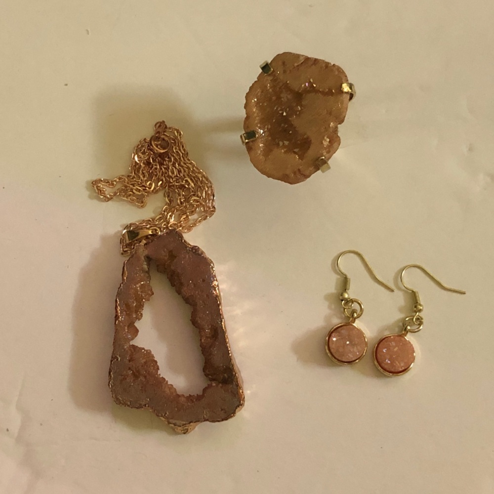 RoseGold Druzy QuartzCrystal GeodeSlice Pendant